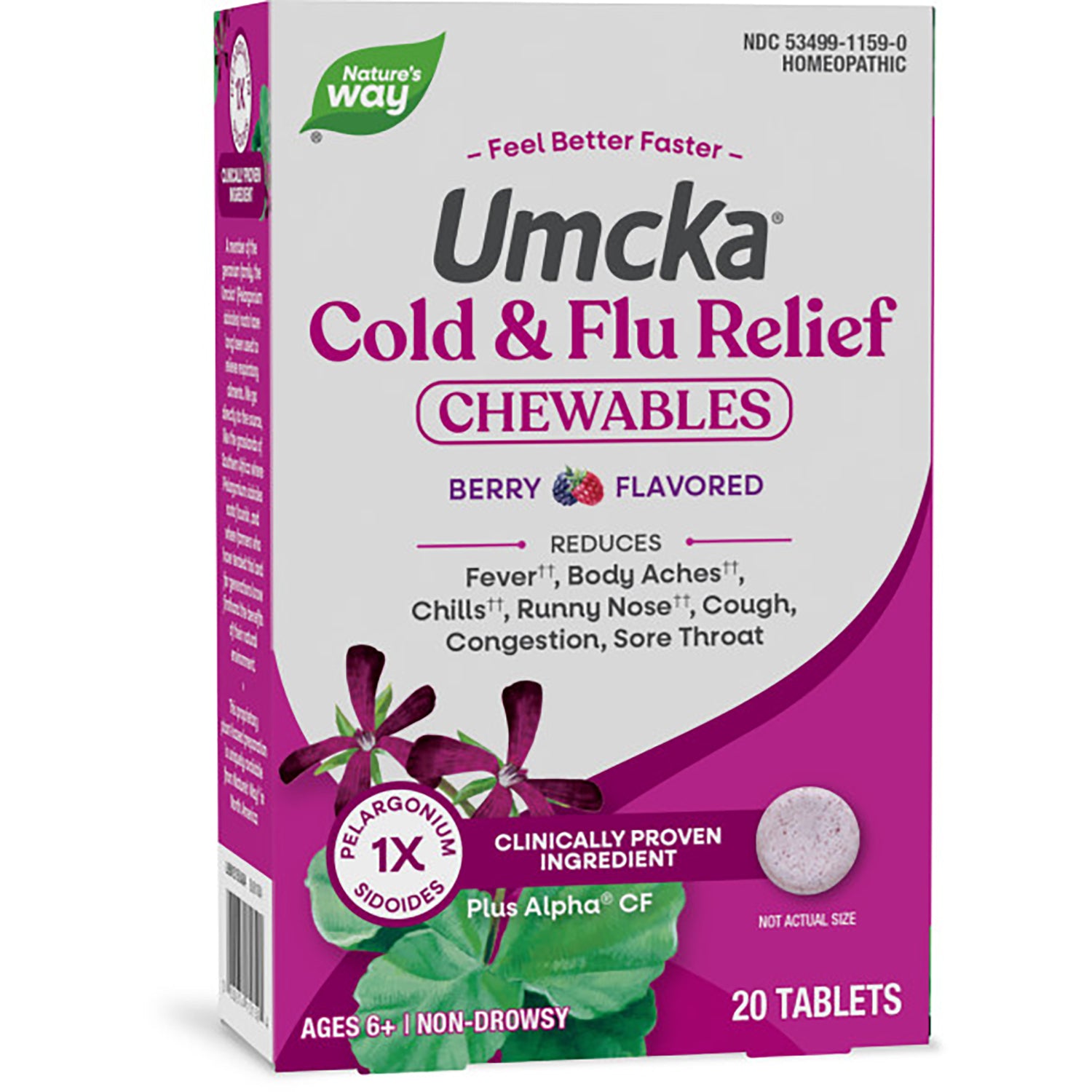 NW647 | Nature's Way Cold + Flu Relief Umcka berry-flavored chewables box, 20 tablets