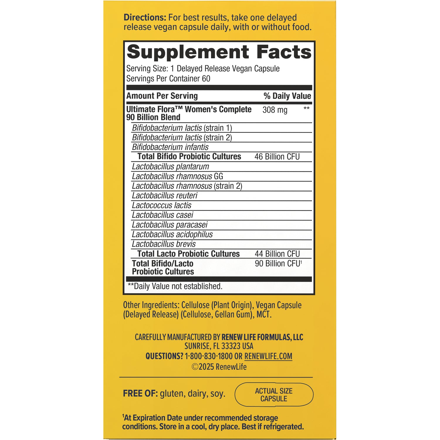 RNL238 | Back panel with Supplement Facts, directions, probiotic strains and other ingredients for delayed release vegan capsule
