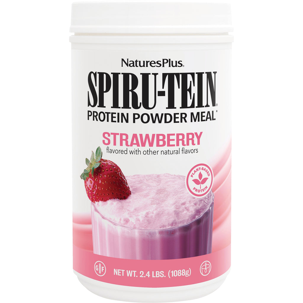 NTP089 | NaturesPlus SPIRU-TEIN protein powder strawberry flavor container front label with strawberry and pink shake - Thumbnail