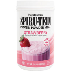 NTP089 | NaturesPlus SPIRU-TEIN protein powder strawberry flavor container front label with strawberry and pink shake