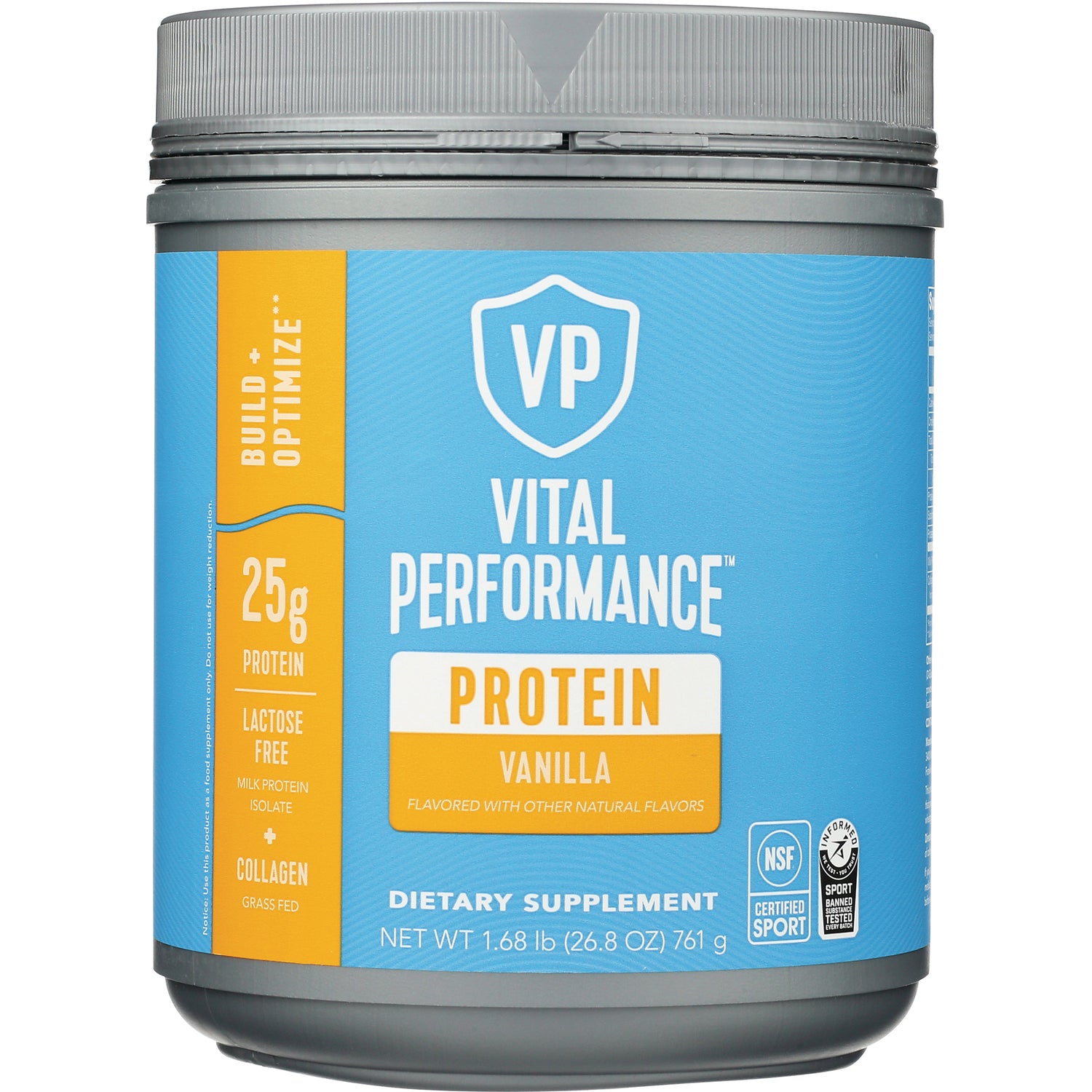 VPR040 | Vital Performance Protein Vanilla powder canister, 25g protein, lactose free