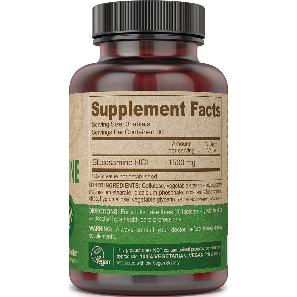 DEV021 | Back of supplement bottle showing Supplement Facts panel listing Glucosamine HCl 1500 mg, serving size 3 tablets and other ingredients - Thumbnail