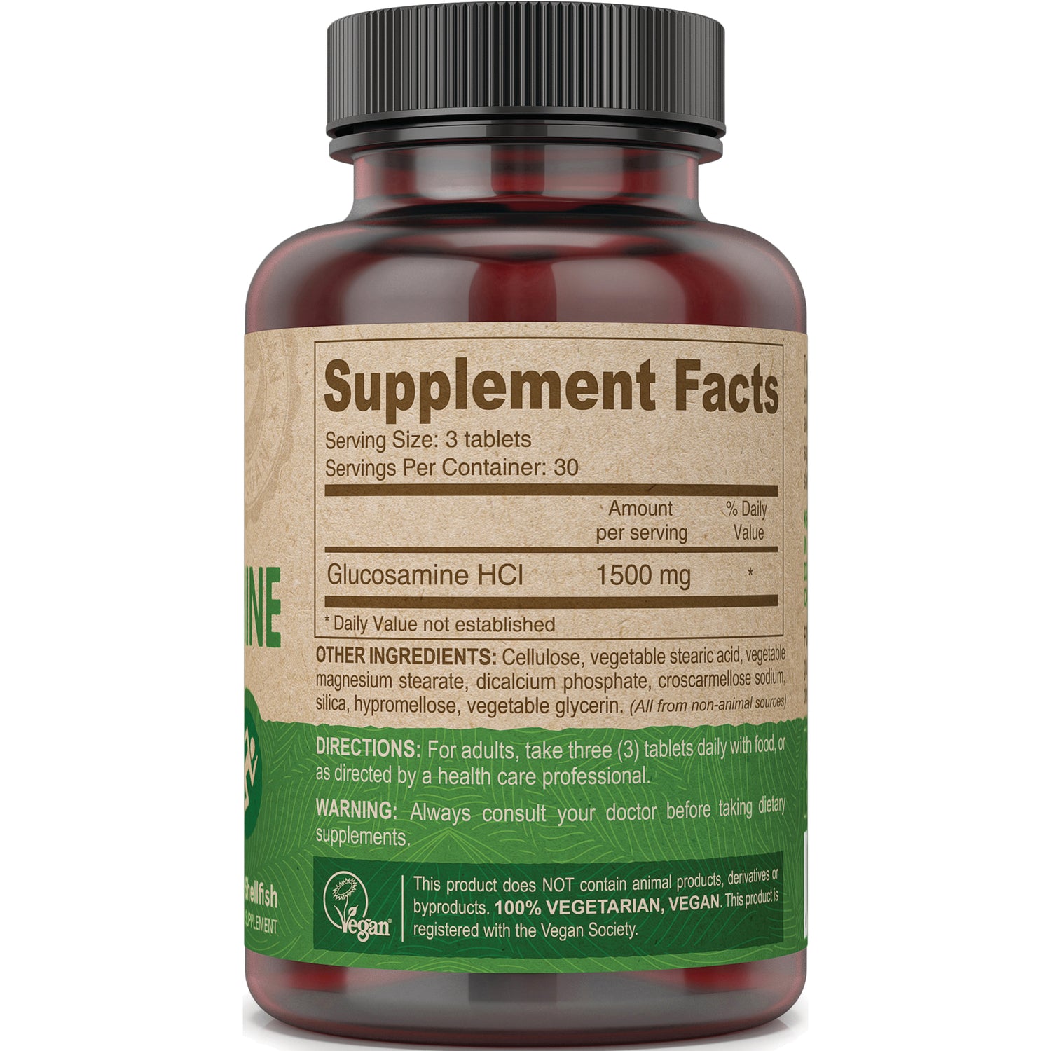 DEV021 | Back of supplement bottle showing Supplement Facts panel listing Glucosamine HCl 1500 mg, serving size 3 tablets and other ingredients