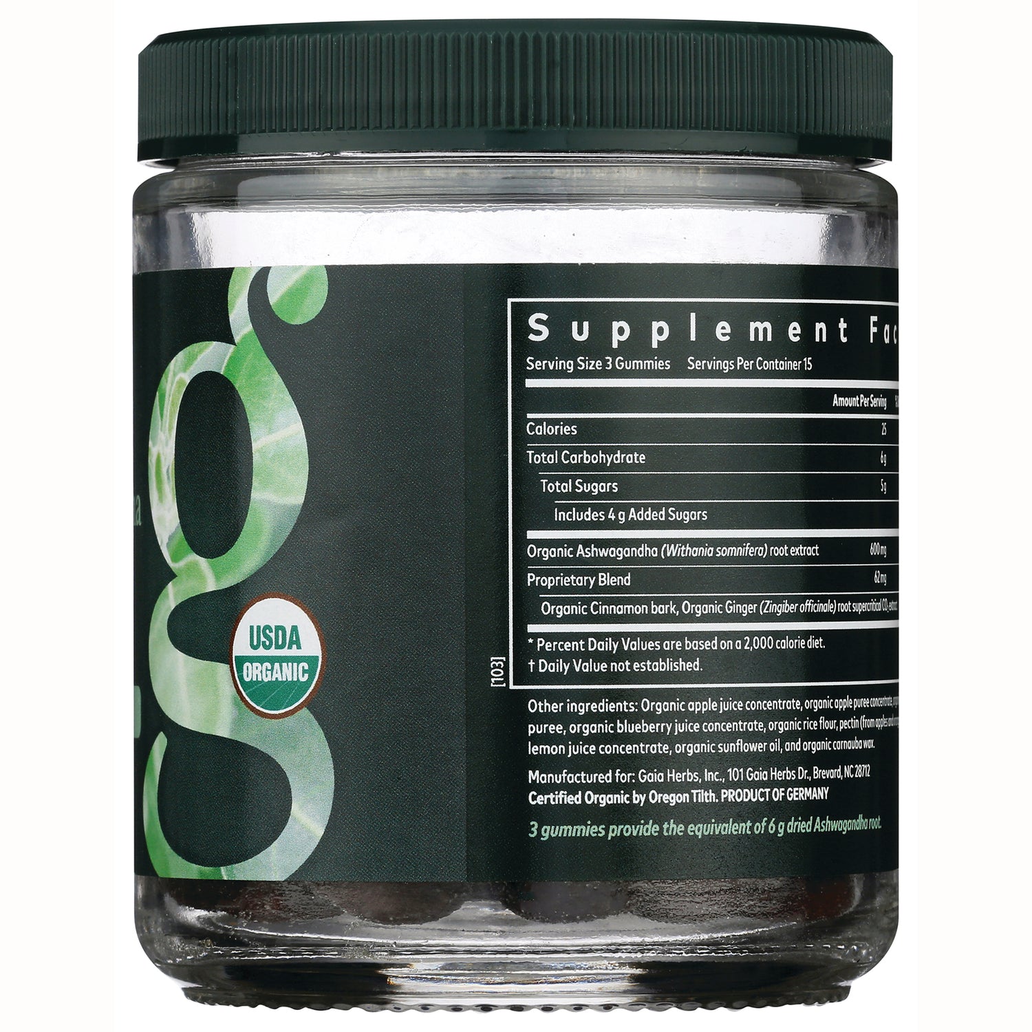 GH139 | back label showing supplement facts panel, ingredient list, USDA Organic logo and glass jar base