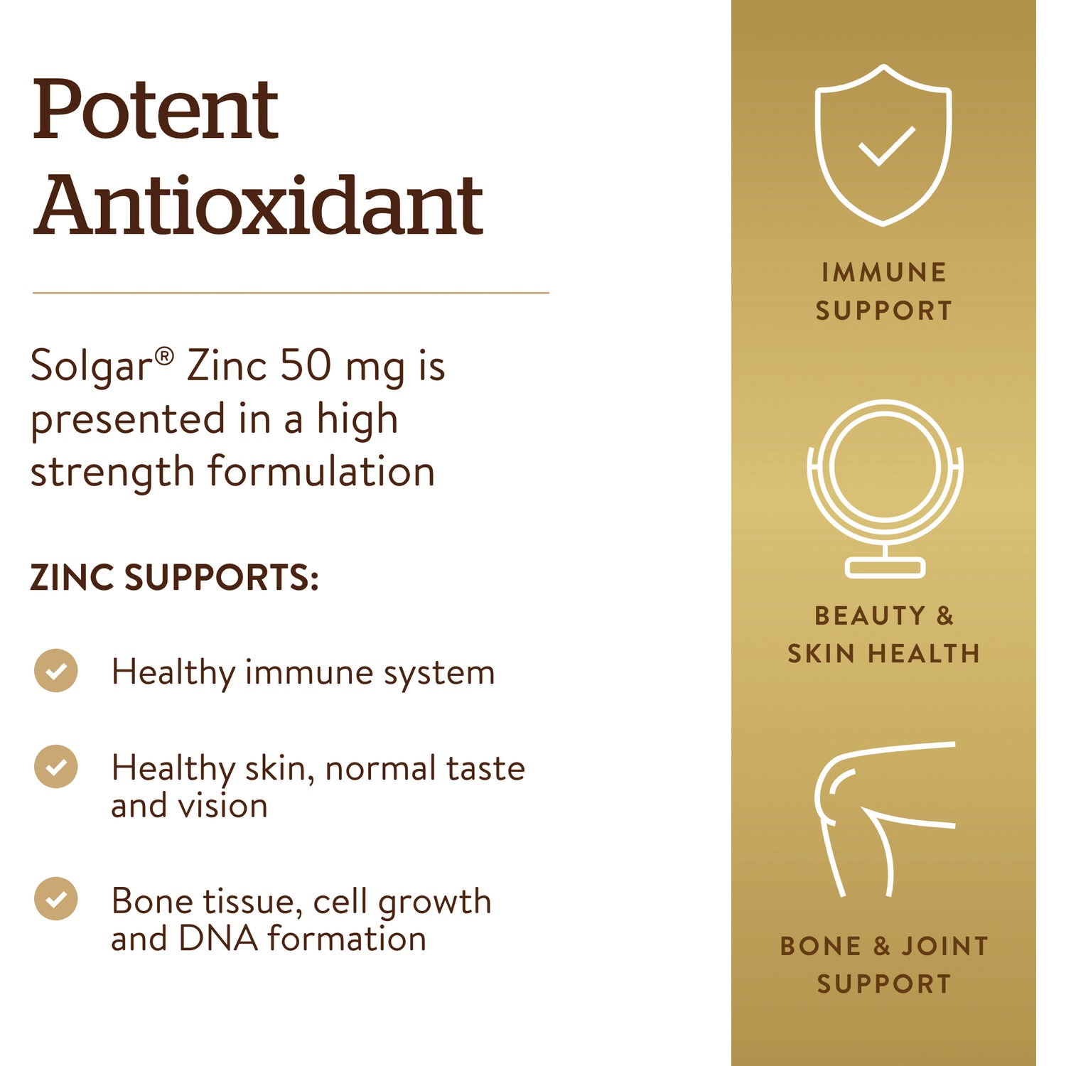 SLG309 | product back panel listing Solgar Zinc 50 mg benefits: immune support, beauty and skin health, bone and joint support