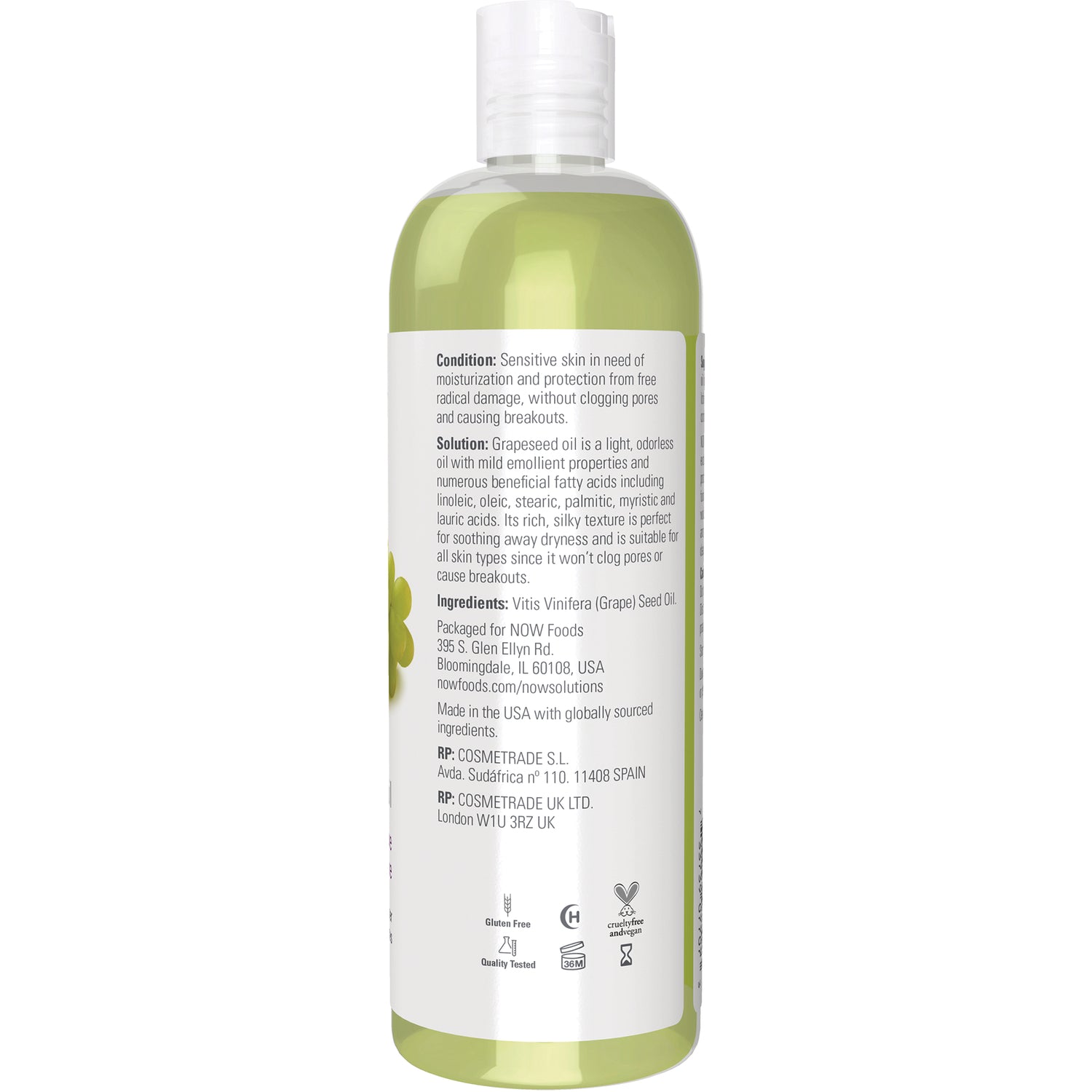 NWF054 | Back label of green bottle showing ingredients, condition, and manufacturer information