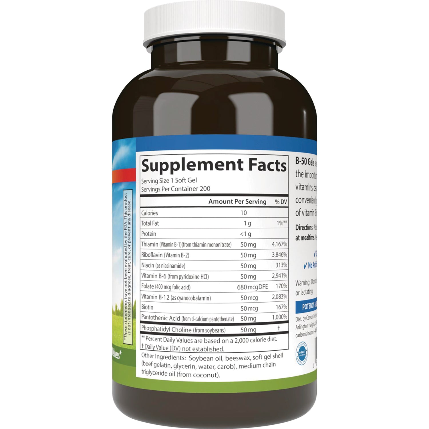 CSN311 | Supplement Facts label on bottle back listing serving size, vitamin amounts and other ingredients