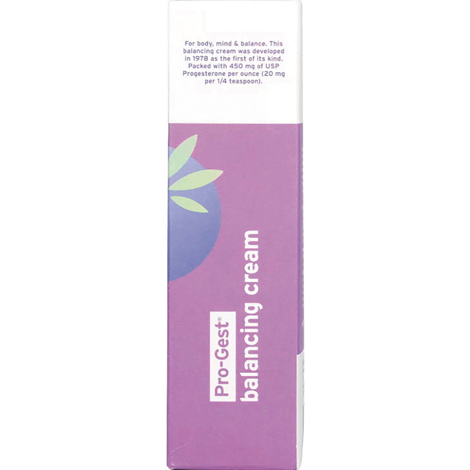 EMR012 | back of purple Pro-Gest balancing cream box showing label text and dosage 450 mg of USP Progesterone per ounce
