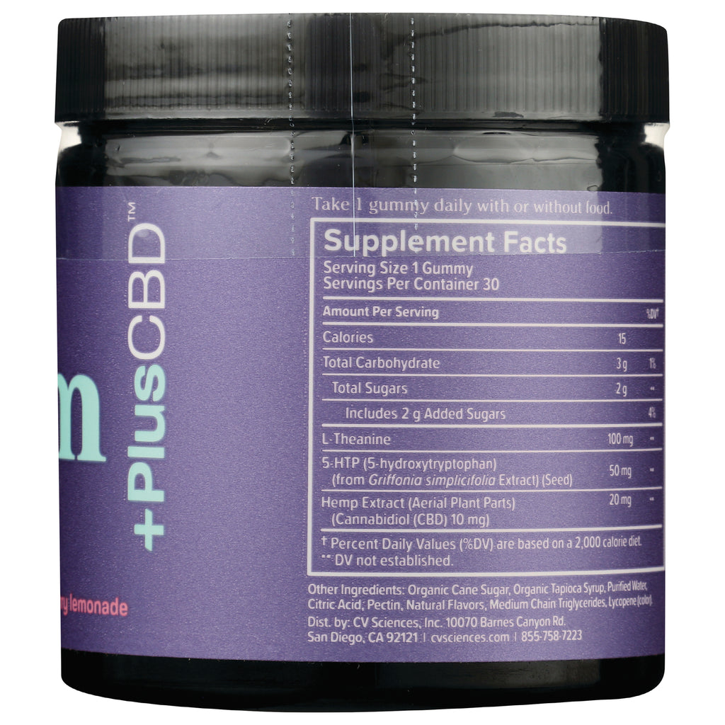 CV034 | Supplement Facts label showing serving size 1 gummy, ingredients and Hemp Extract (Cannabidiol CBD 10 mg) - Thumbnail