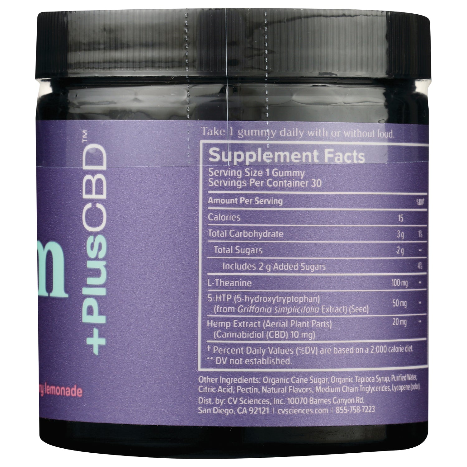 CV034 | Supplement Facts label showing serving size 1 gummy, ingredients and Hemp Extract (Cannabidiol CBD 10 mg)