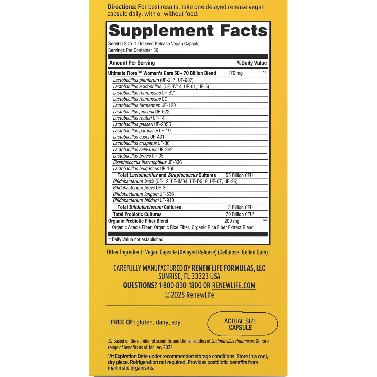RNL257 | back panel showing supplement facts table, directions, manufacturer info and actual size capsule graphic
