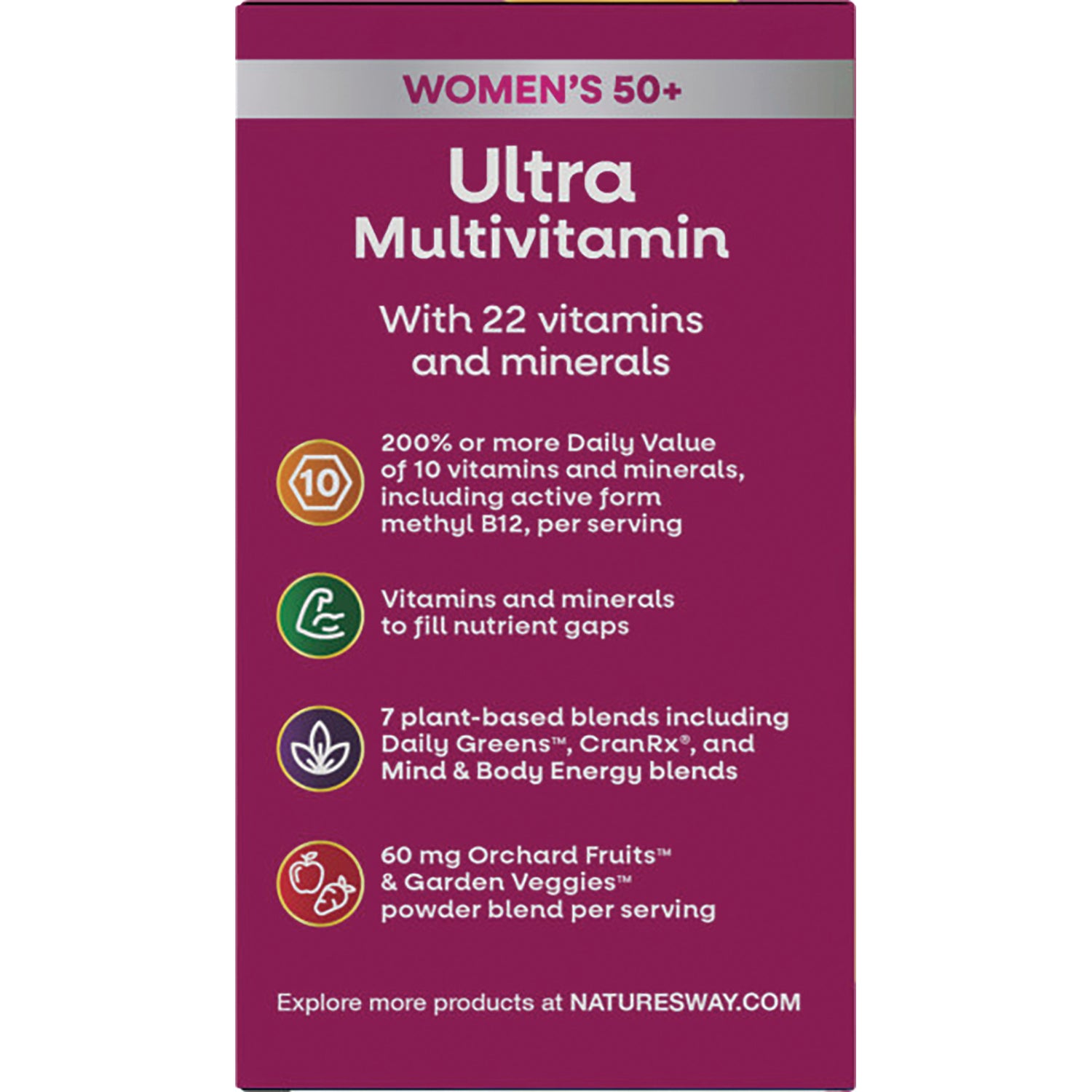 NW709 | Pink product infographic for Women's 50+ Ultra Multivitamin listing 22 vitamins and minerals, plant blends, and fruit and veggie powder