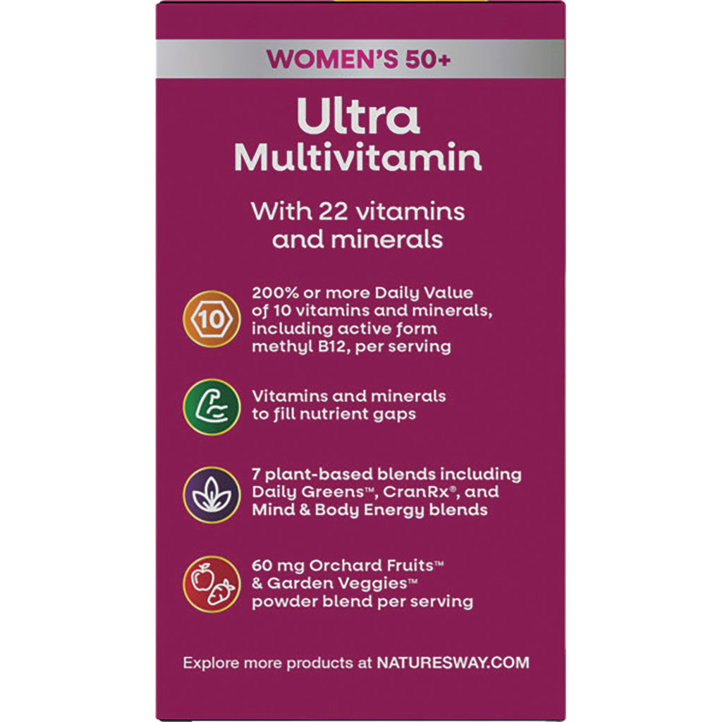 NW709 | Pink product infographic for Women's 50+ Ultra Multivitamin listing 22 vitamins and minerals, plant blends, and fruit and veggie powder - Thumbnail