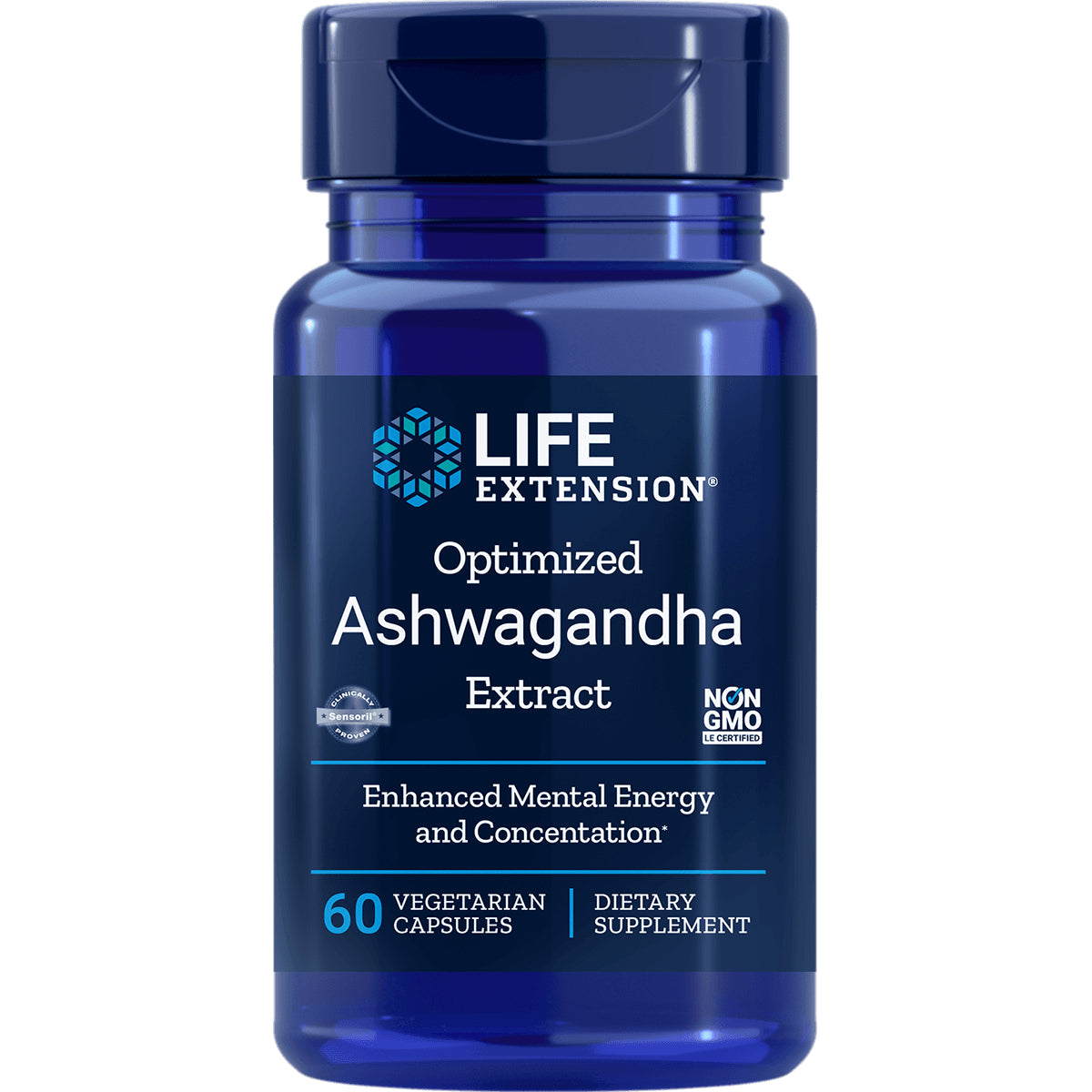LE168 | Life Extension Optimized Ashwagandha Extract supplement bottle, 60 vegetarian capsules, non-GMO