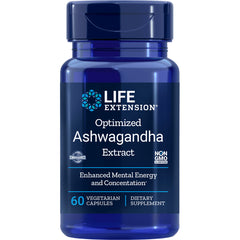 LE168 | Life Extension Optimized Ashwagandha Extract supplement bottle, 60 vegetarian capsules, non-GMO