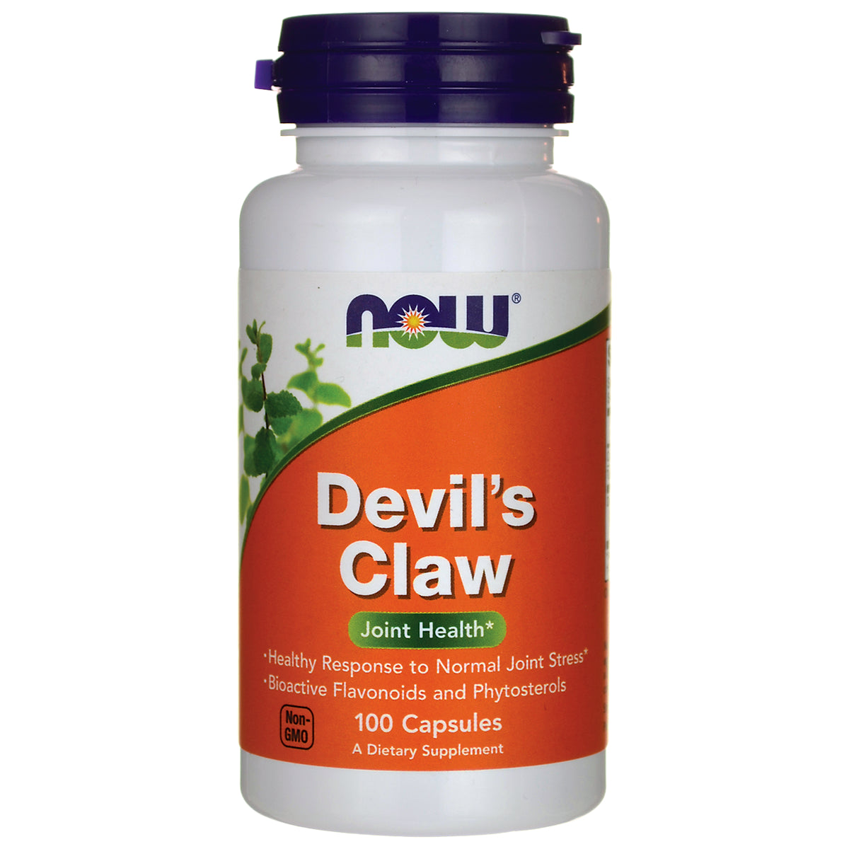 NWF413 | NOW Devil's Claw joint health supplement bottle with orange label, 100 Capsules