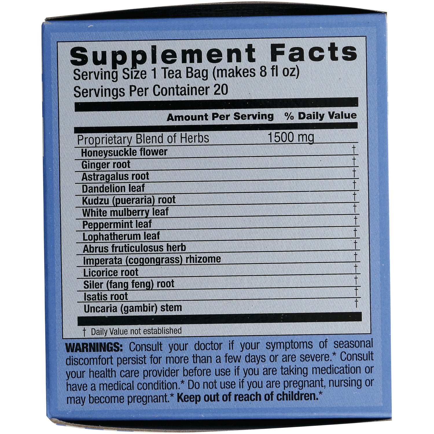 TLT011 | Back panel with Supplement Facts and herbal ingredients list, serving size 1 tea bag, 20 servings
