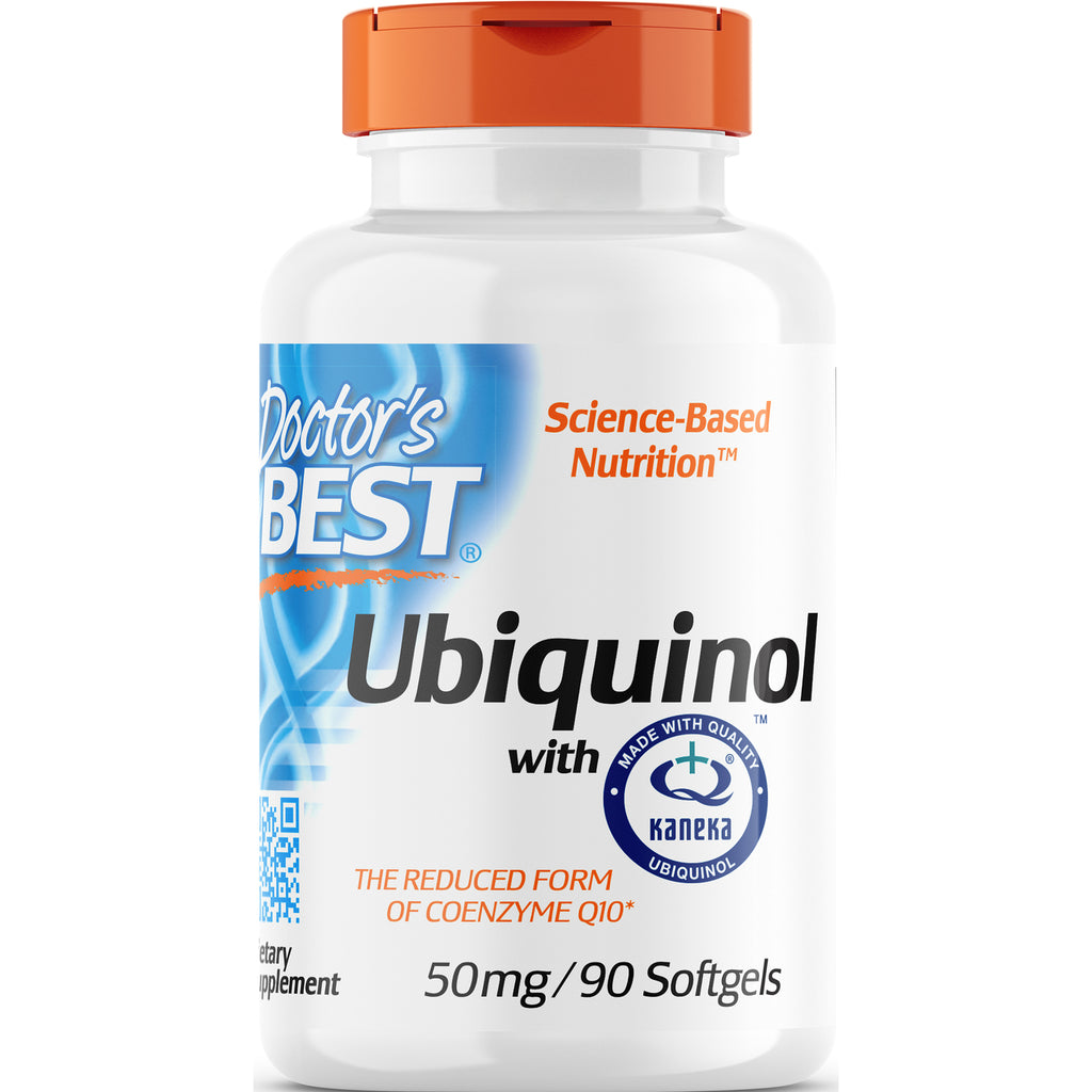 DB100 | White supplement bottle with orange cap labeled Doctor's Best Ubiquinol 50mg/90 softgels with Kaneka seal - Thumbnail
