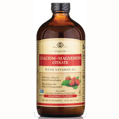 SLG319 | Solgar liquid bottle labeled Calcium  Magnesium Citrate with Vitamin D3 strawberry flavored dietary supplement