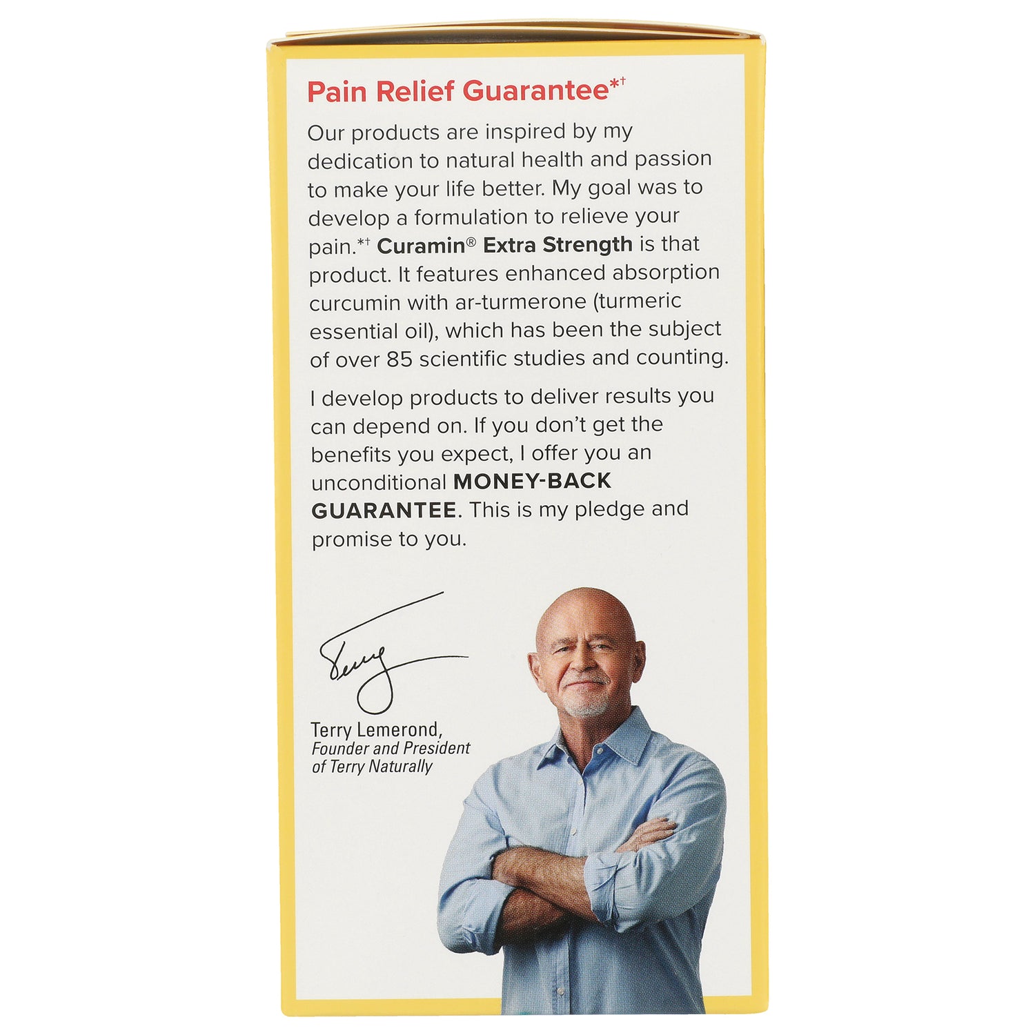 EUR026 | side panel product infographic showing Pain Relief Guarantee text, founder signature and portrait