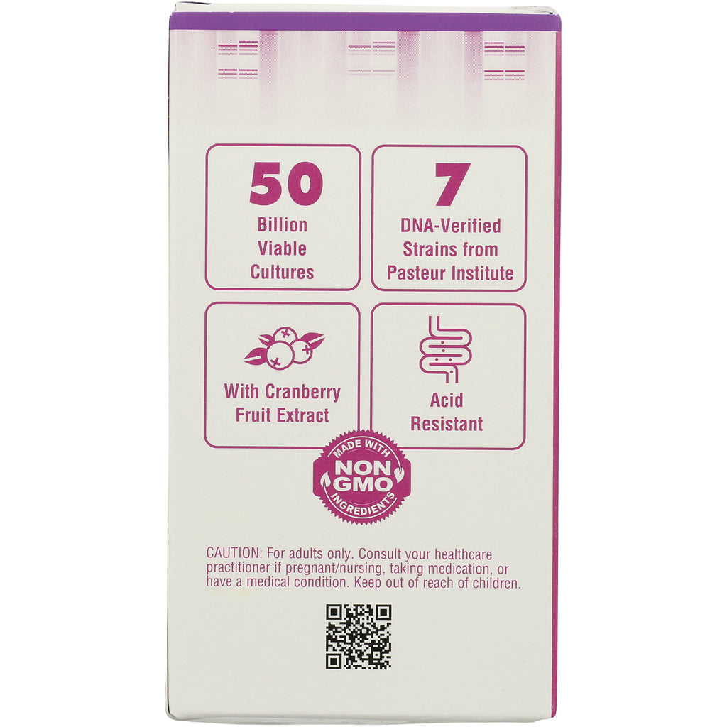 BLU149 | Back of supplement box: 50 Billion viable cultures, 7 DNA-verified strains, cranberry extract, non-GMO seal, QR code - Thumbnail