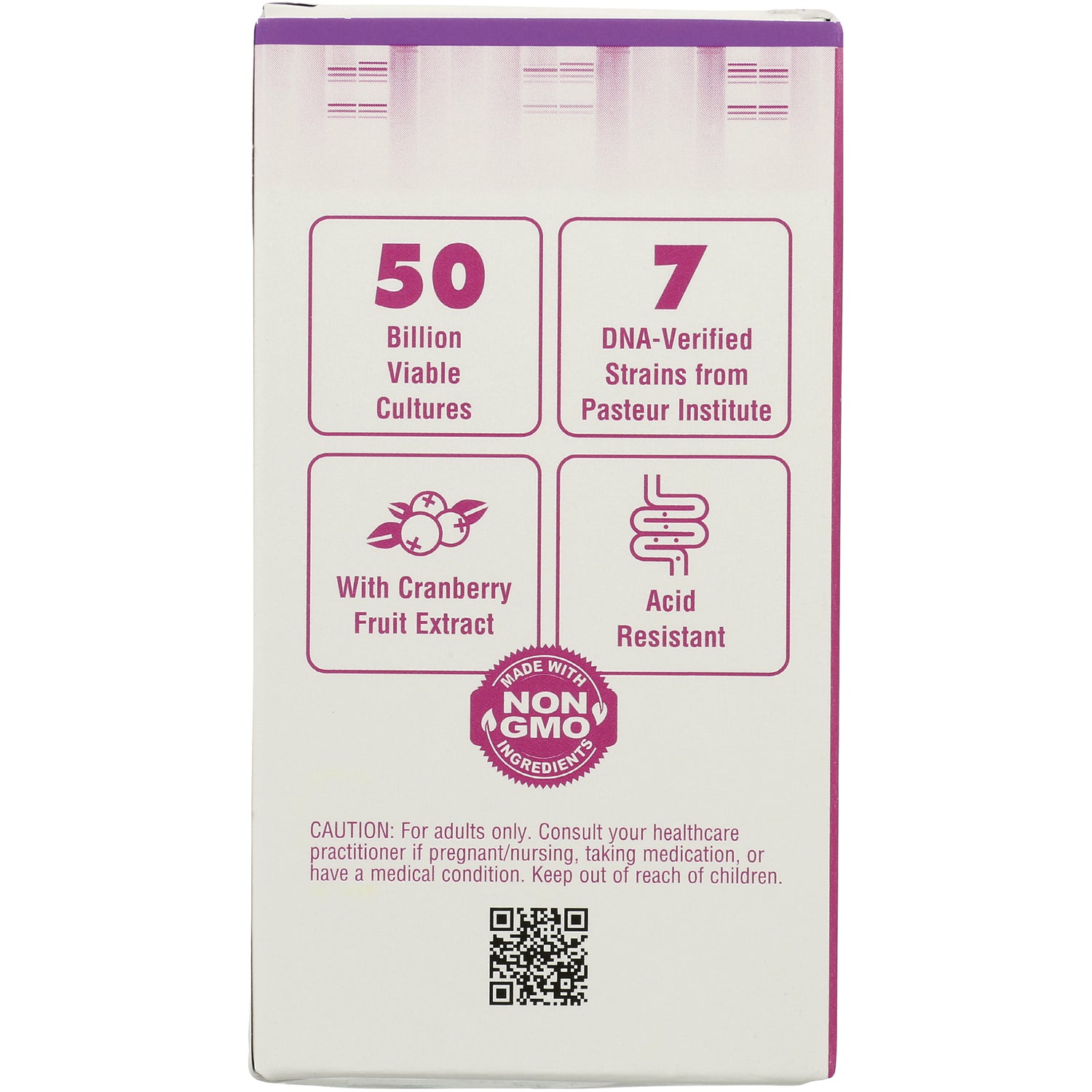 BLU149 | Back of supplement box: 50 Billion viable cultures, 7 DNA-verified strains, cranberry extract, non-GMO seal, QR code