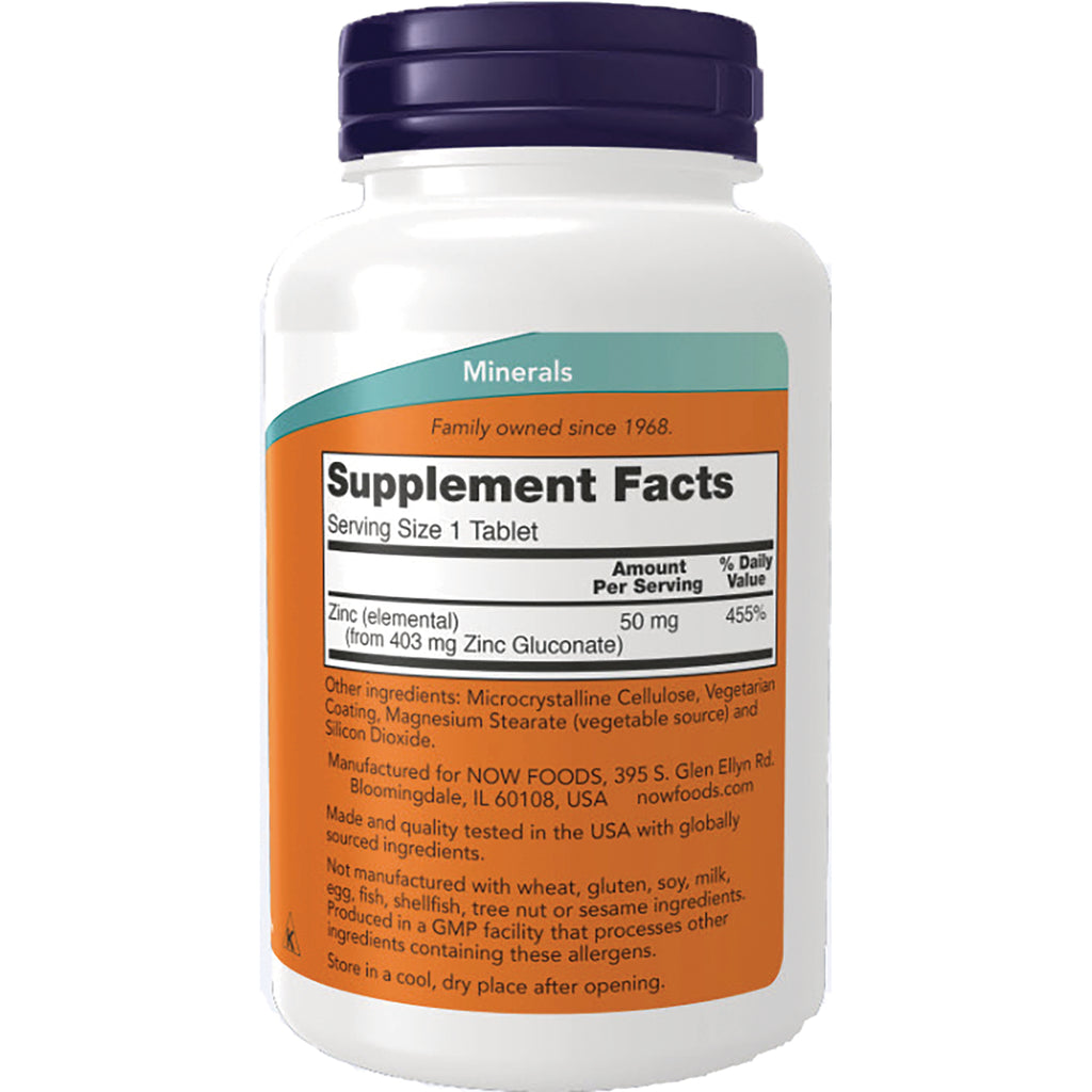 NWF786 | Back of white supplement bottle showing Supplement Facts label, serving size 1 tablet and Zinc 50 mg - Thumbnail