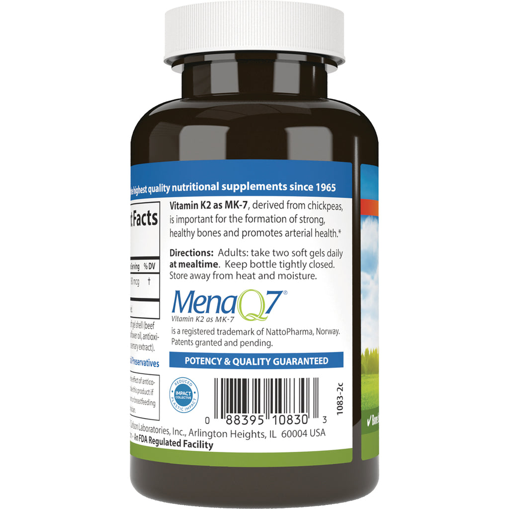 CSN307 | back label of supplement bottle showing directions, MenaQ7 logo and barcode - Thumbnail