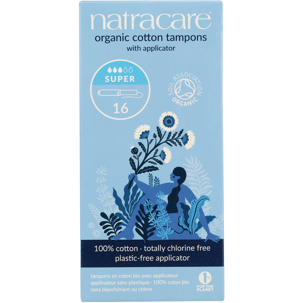 NCR005 | Natracare organic cotton tampons with applicator, Super 16 count in blue illustrated box - Thumbnail