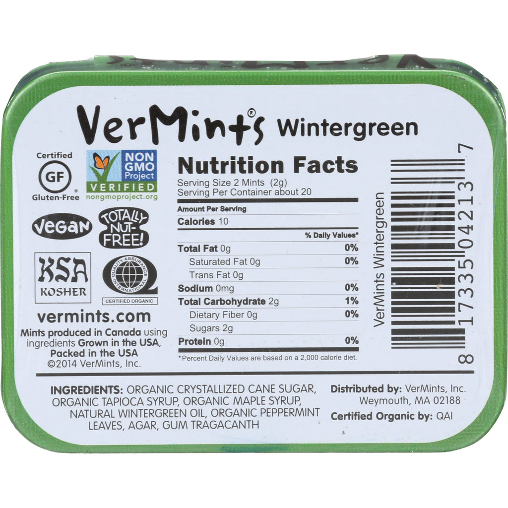 VER004 | Back of VerMints Wintergreen mints tin with Nutrition Facts, certifications, barcode, and ingredients list - Thumbnail