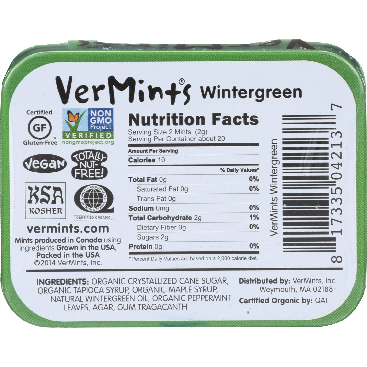 VER004 | Back of VerMints Wintergreen mints tin with Nutrition Facts, certifications, barcode, and ingredients list