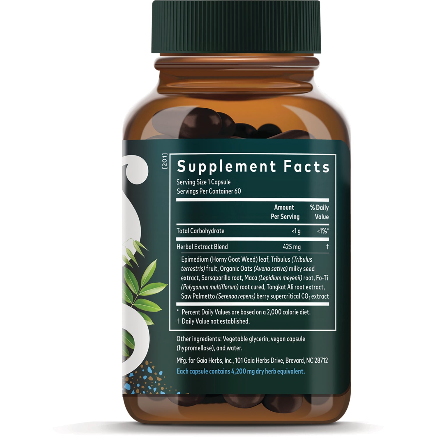GH154 | Back of amber supplement bottle showing Supplement Facts label, ingredients and visible dark capsules