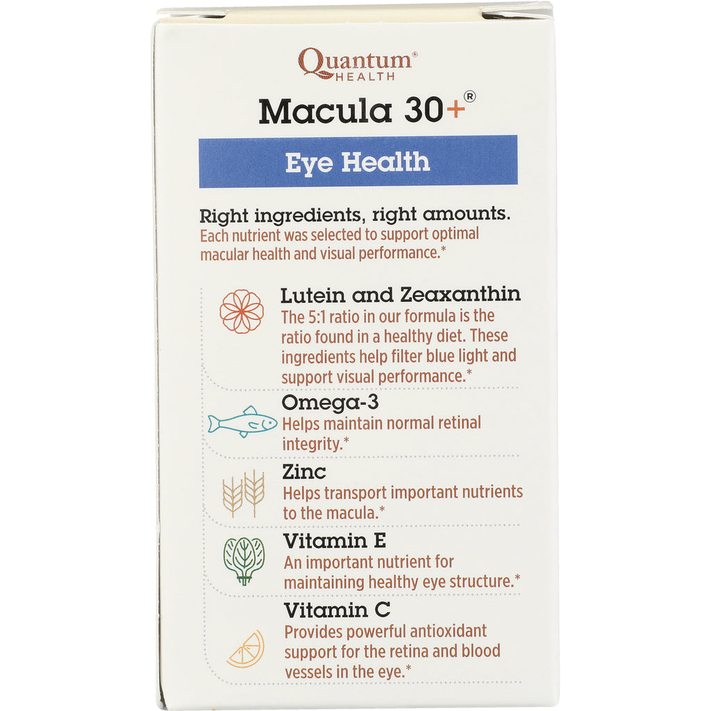 QU075 | Macula 30+ Eye Health infographic listing lutein and zeaxanthin, omega-3, zinc, vitamin E, vitamin C - Thumbnail