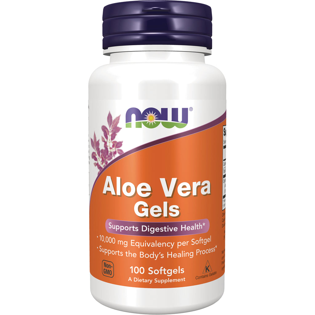 NWF654 | NOW Aloe Vera Gels white bottle with orange label, 100 softgels, supports digestive health - Thumbnail
