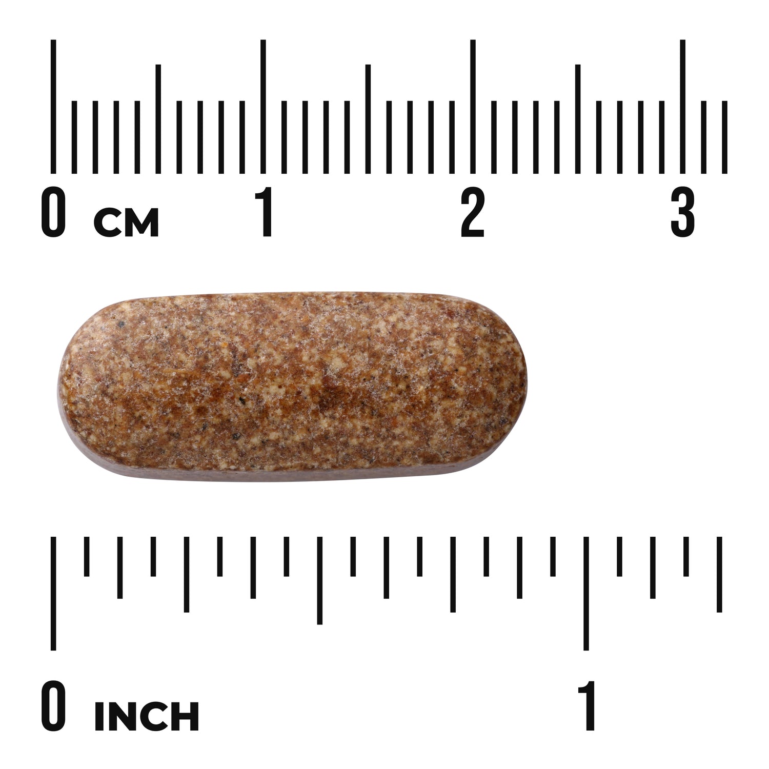 SWC110 | Brown speckled oblong caplet with size shown by rulers in cm and inches