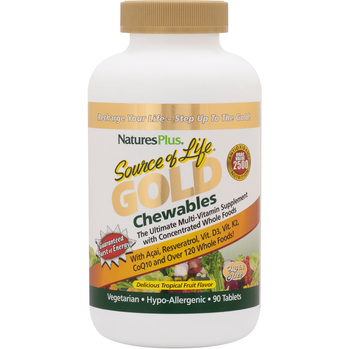NTP200 | NaturesPlus Source of Life Gold chewable multivitamin bottle, tropical fruit flavor, 90 vegetarian tablets