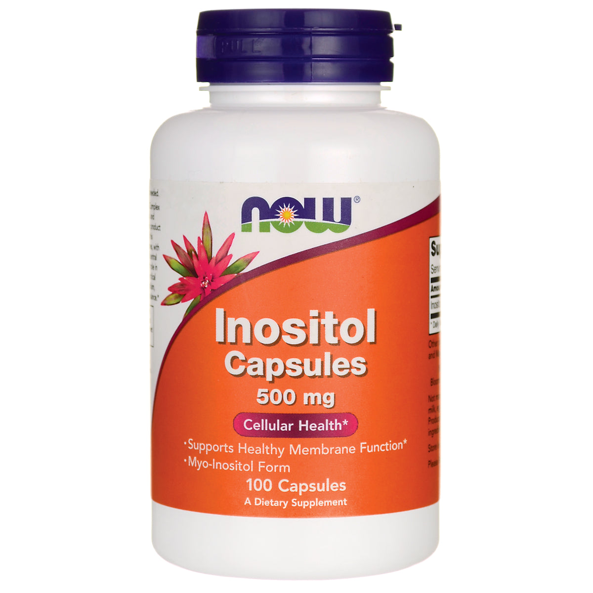 NWF755 | NOW Inositol Capsules 500 mg white bottle with orange label, 100 capsules