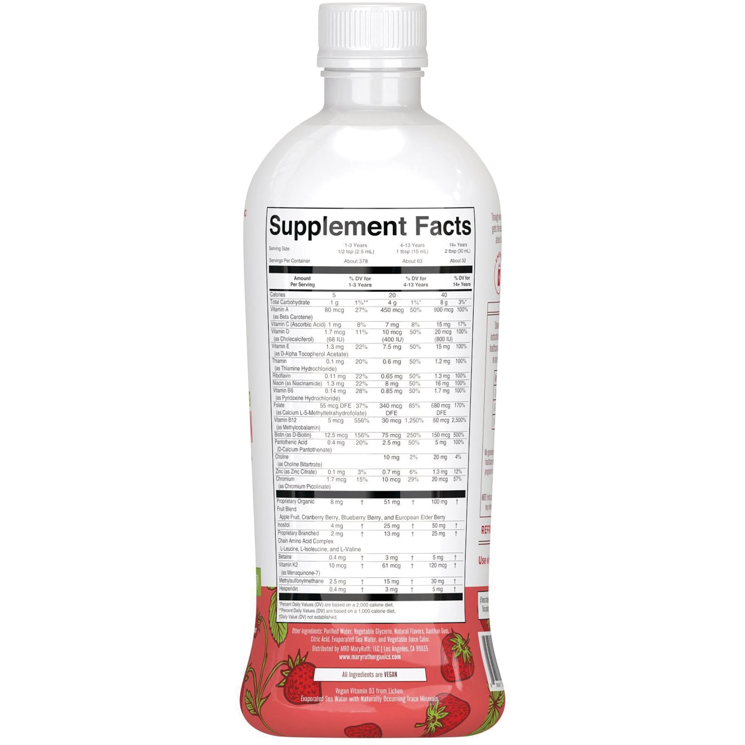 MRR025 | back of strawberry supplement bottle showing Supplement Facts panel and ingredient text