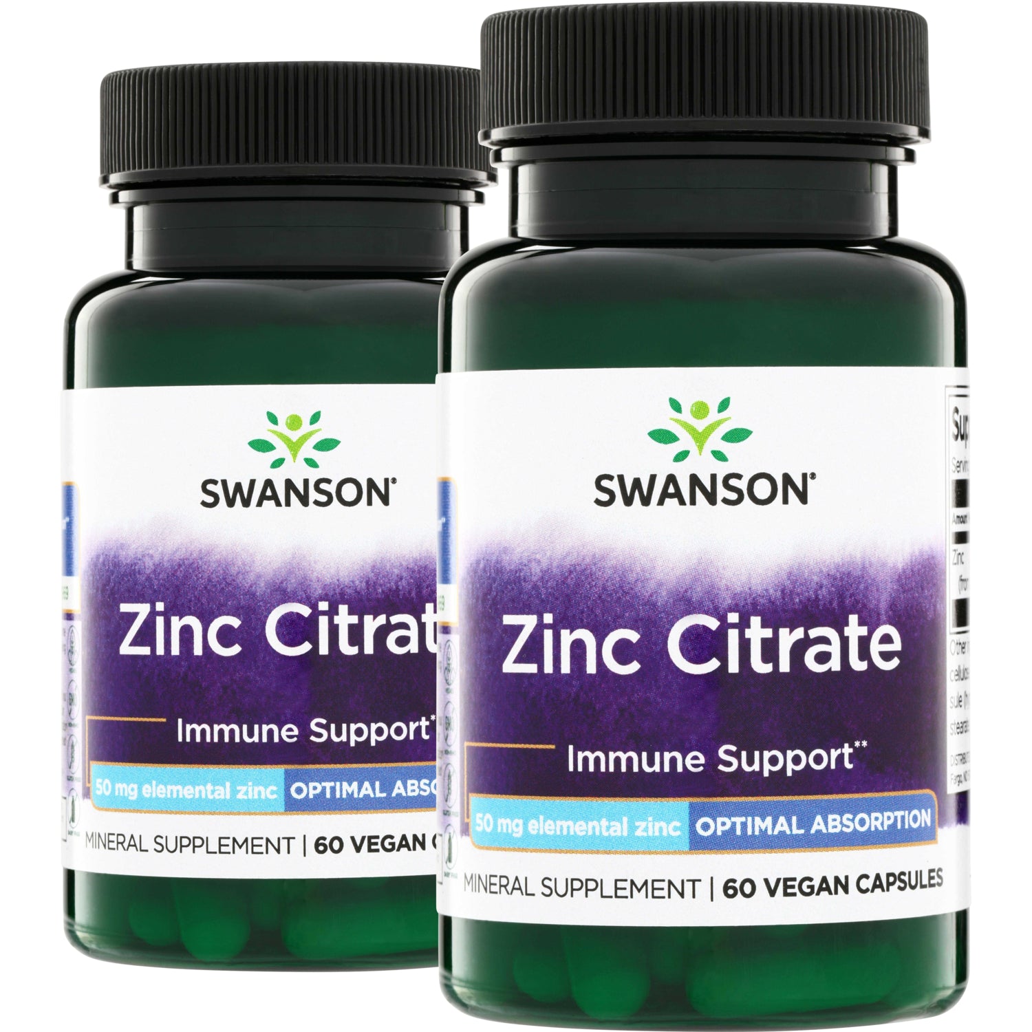 SW1995 | Swanson Zinc Citrate supplement bottle with 60 vegan capsules and immune support label