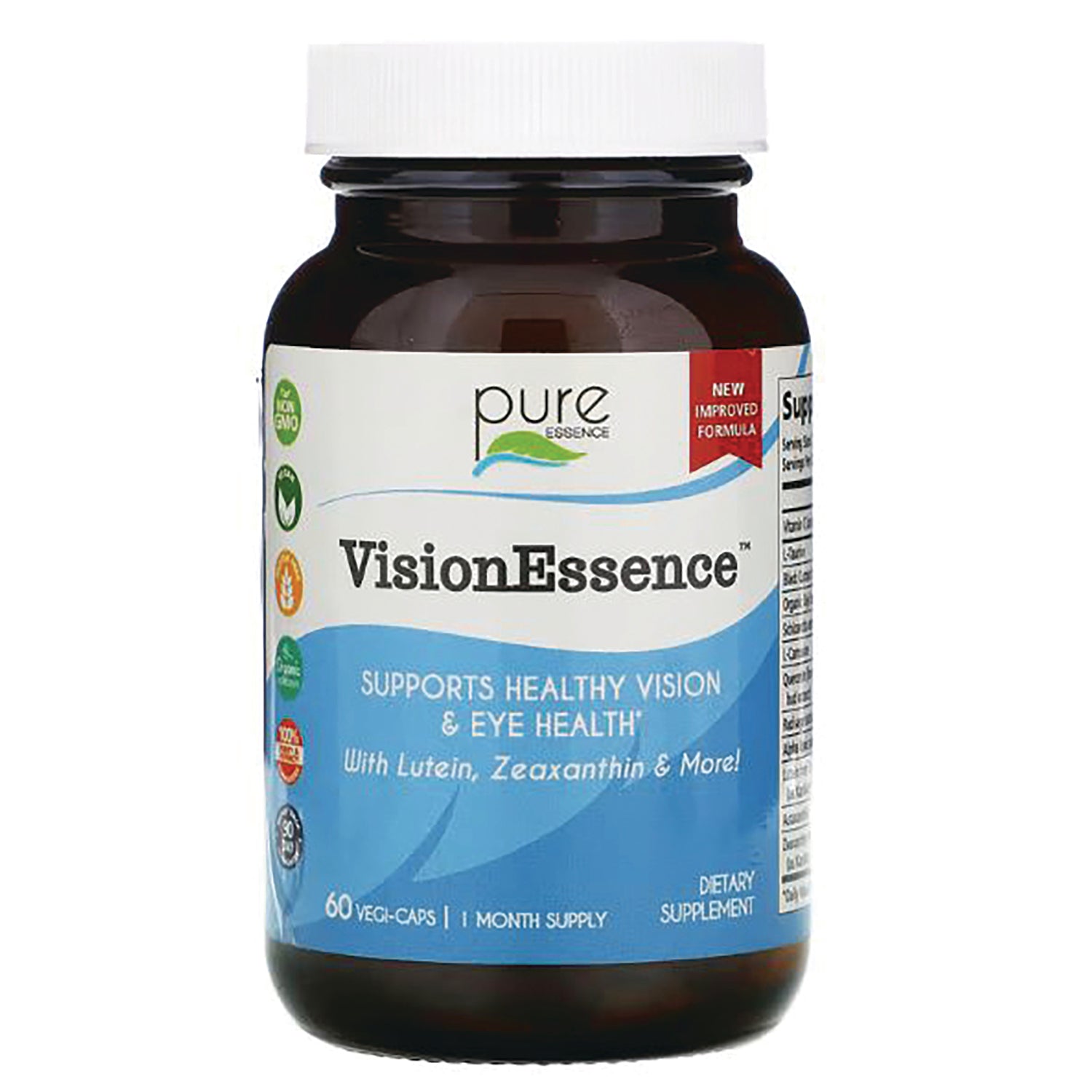 PEL056 | VisionEssence dietary supplement bottle front, supports healthy vision and eye health, 60 vegi-caps