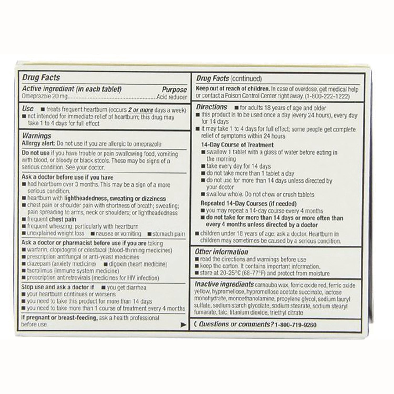 GDS012 | back panel showing Drug Facts with active ingredient omeprazole 20 mg, warnings, directions, and inactive ingredients