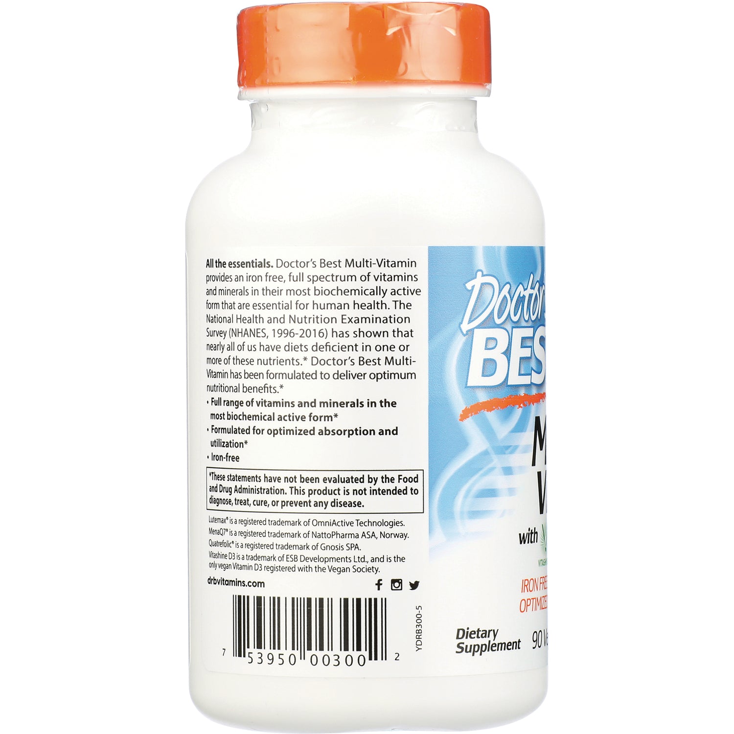 DB223 | back label of white supplement bottle showing product description, claims and barcode