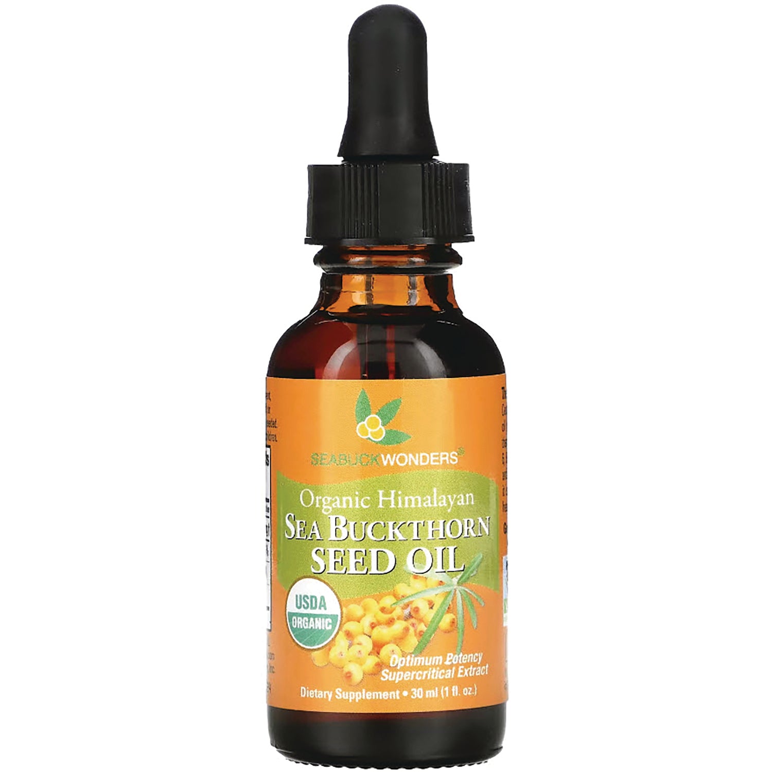 SBW004 | Amber dropper bottle labeled Organic Himalayan Sea Buckthorn Seed Oil USDA Organic 30 ml
