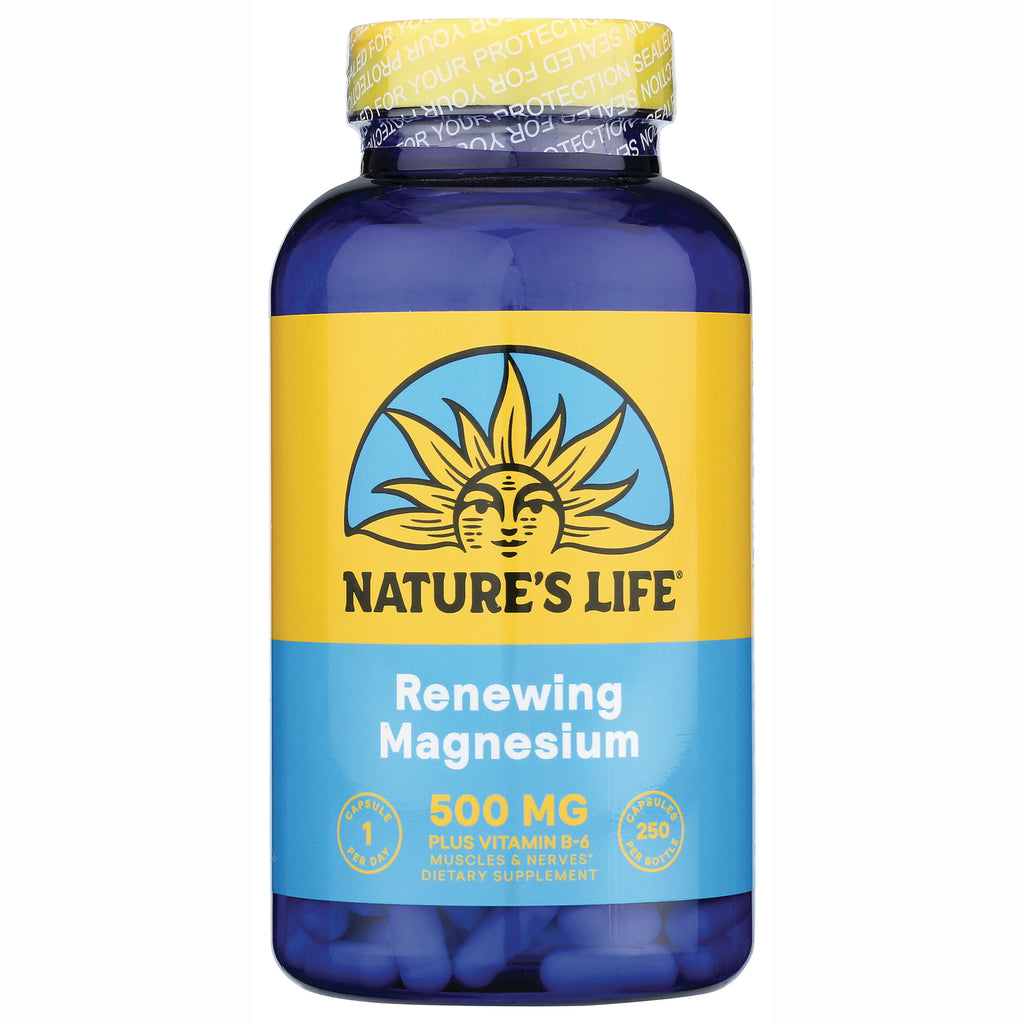 NSL004 | Blue bottle labeled NATURE'S LIFE Renewing Magnesium 500 MG dietary supplement with blue capsules visible - Thumbnail