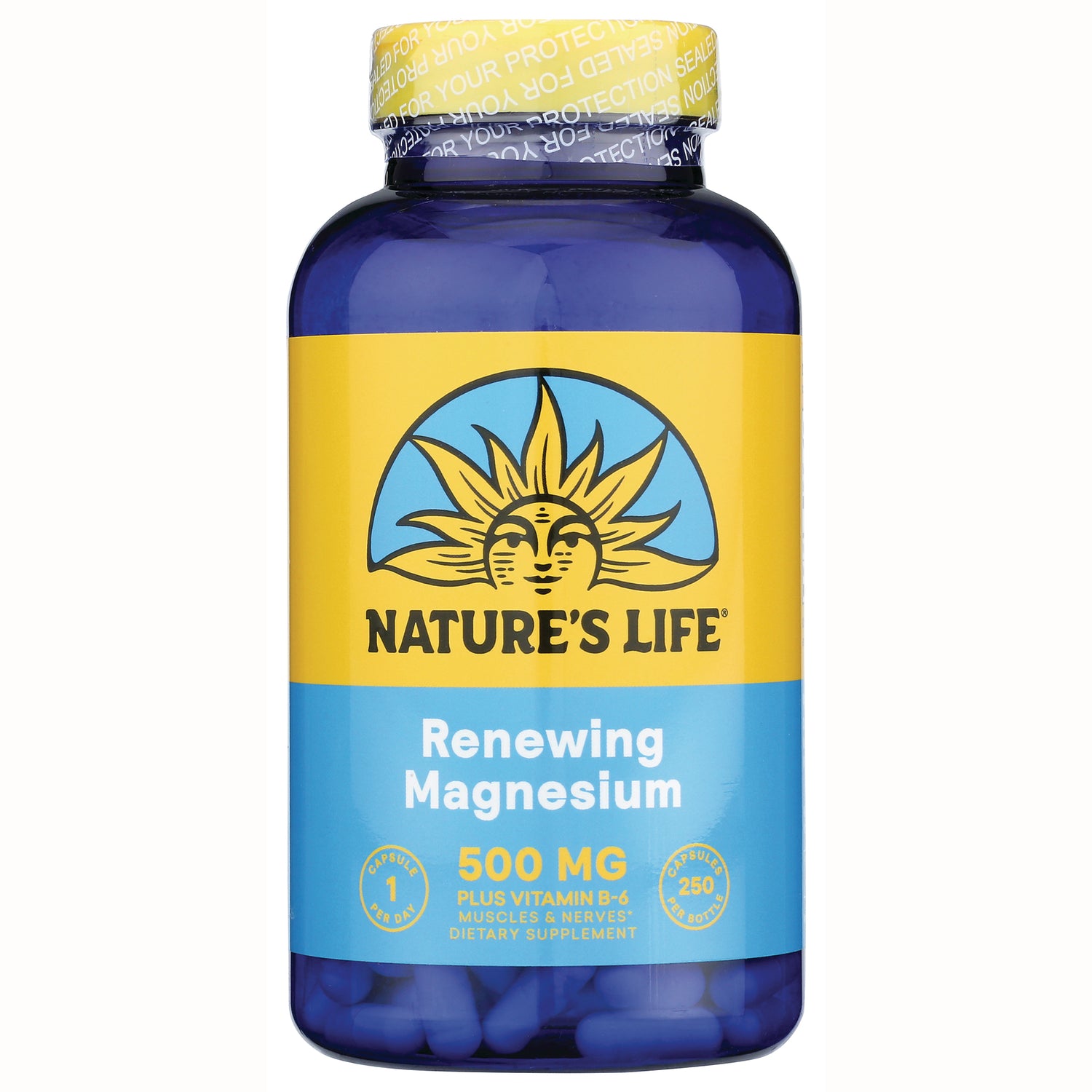 NSL004 | Blue bottle labeled NATURE'S LIFE Renewing Magnesium 500 MG dietary supplement with blue capsules visible