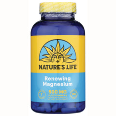 NSL004 | Blue bottle labeled NATURE'S LIFE Renewing Magnesium 500 MG dietary supplement with blue capsules visible
