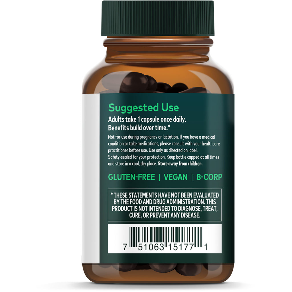 GH151 | Back panel with WHY FRUITING BODIES? text, labeled mushroom diagram showing cap, gills, stem, mycelium, and gaiaherbs.com - Thumbnail