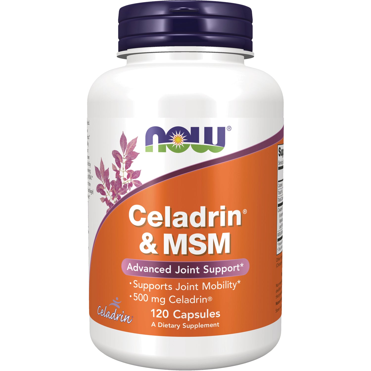 NWF662 | NOW Celadrin & MSM white supplement bottle labeled Advanced Joint Support 120 Capsules