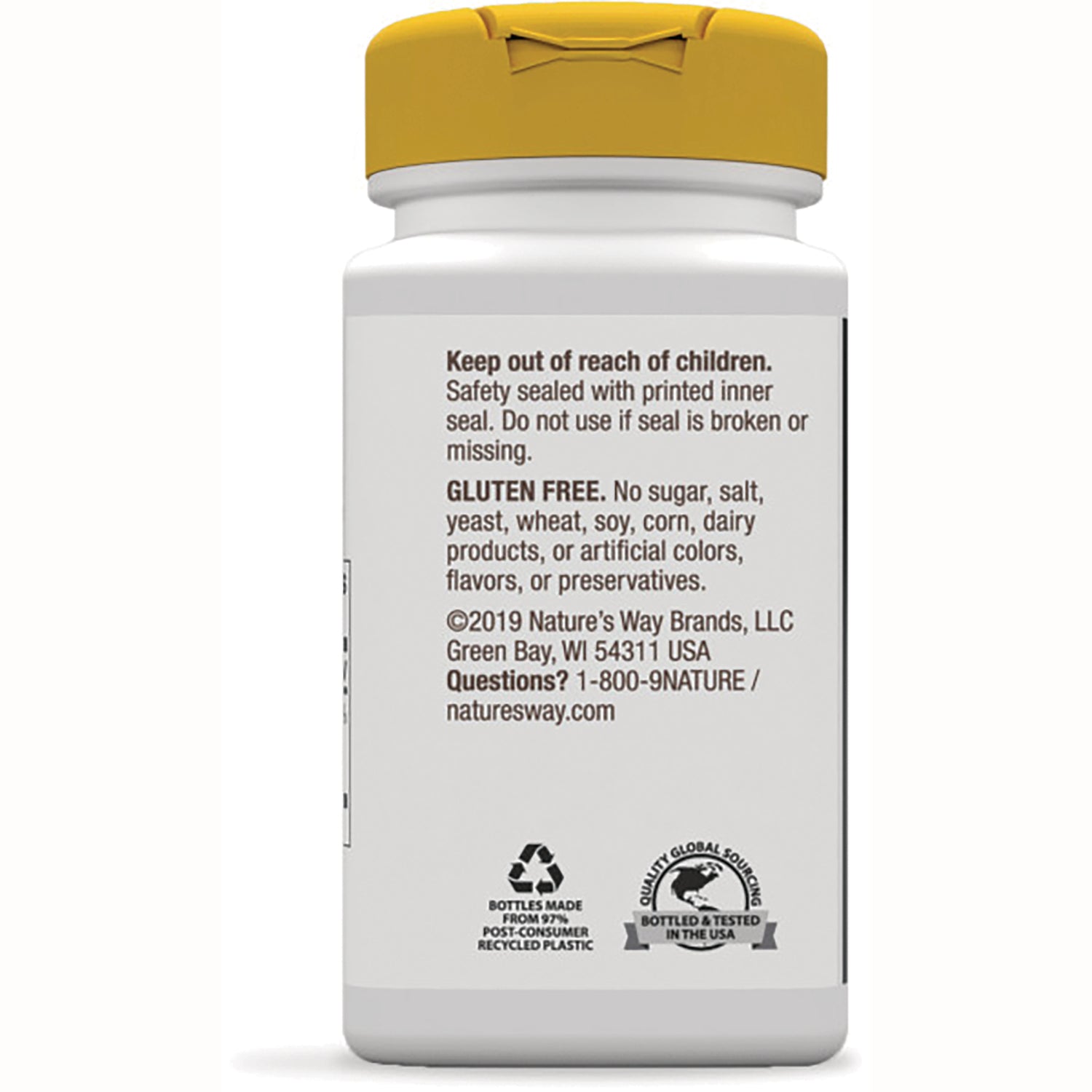 NW759 | back label of supplement bottle showing safety and gluten free statements, contact info, and recycling icons