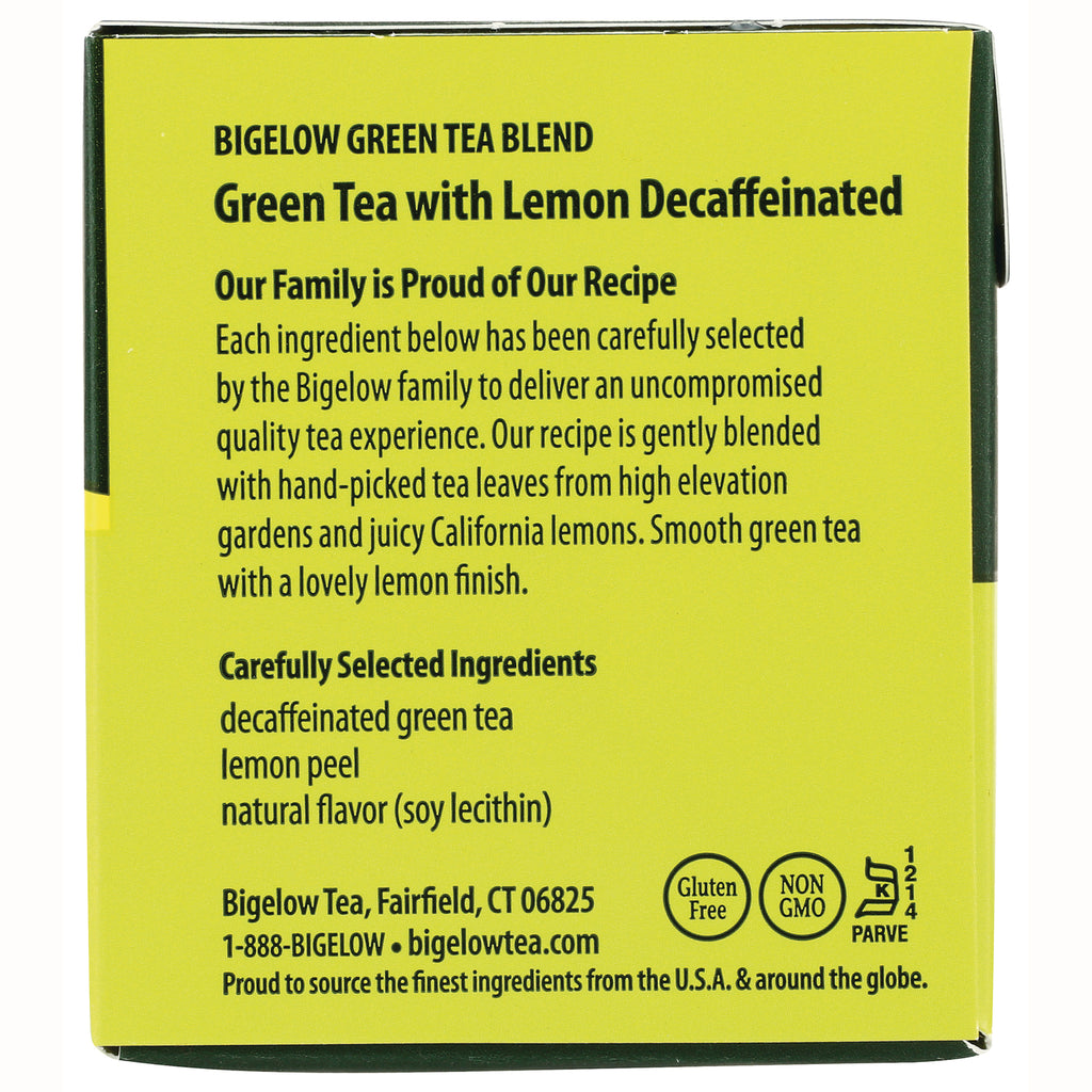 BGT012 | Back of box: Bigelow Green Tea with Lemon Decaffeinated; ingredients include decaffeinated green tea, lemon peel, natural flavor, Gluten Free, Non GMO - Thumbnail
